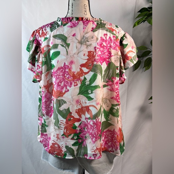 CeCe Pink and Orange Puff Sleeve Blouse with Tie Front 🌷 - Picture 5 of 10